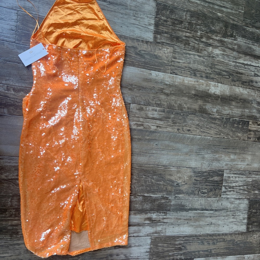 NWT Caroline Constas Orange Sequin Halter Midi‎ Dress Size Small  Cruise Fancy - Picture 11 of 12
